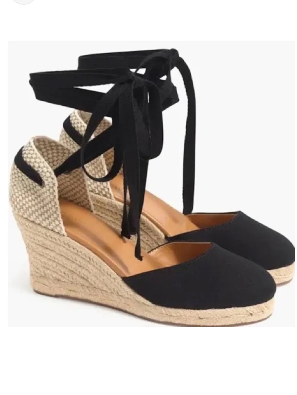 J.Crew Espadrille Wedge Sandals Black Canvas Ankle Tie Lace Up Heels Sz 10.5